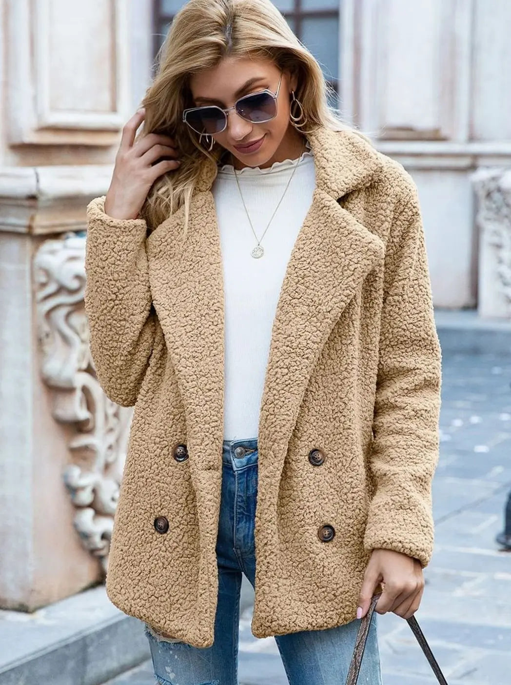 Women's Double-Breasted Teddy Bear Winter Coat Notched Lapel