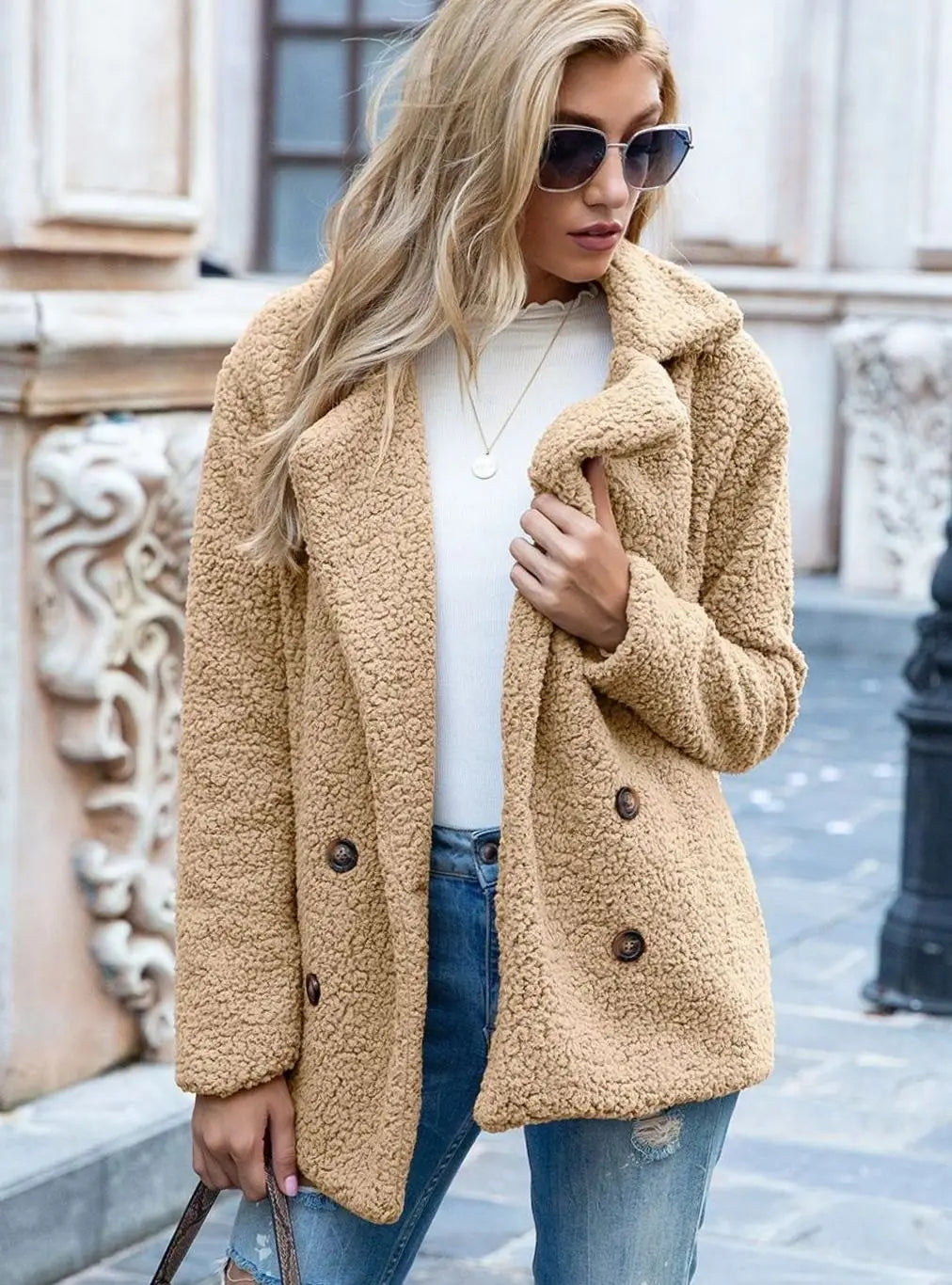 Women's Double-Breasted Teddy Bear Winter Coat Notched Lapel
