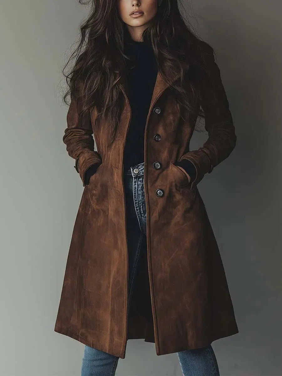 Women's Double-Breasted Trench Coat Classic Vintage Style - Braun