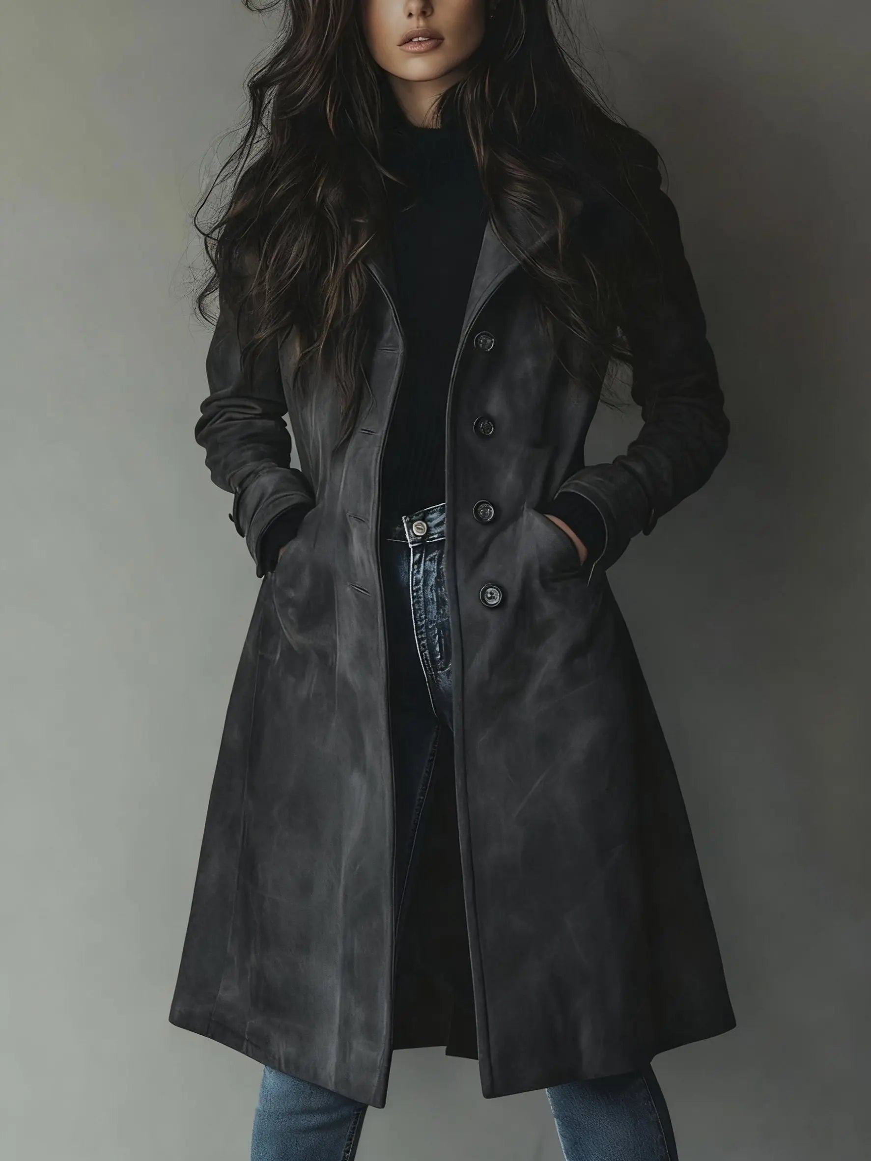 Women's Double-Breasted Trench Coat Classic Vintage Style - Dunkelgrau