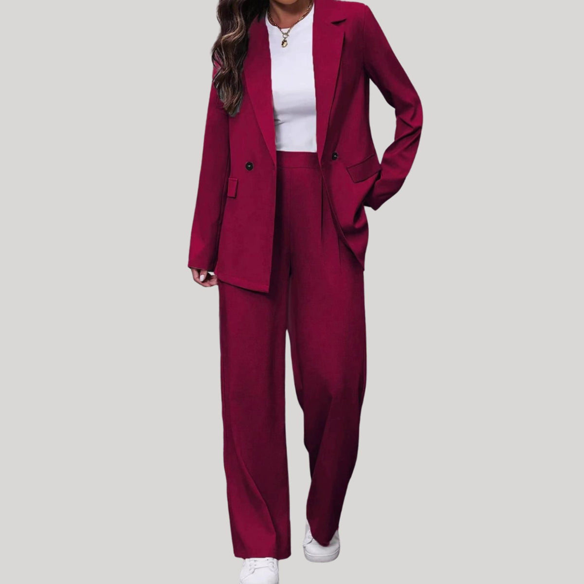 Women's Double-Breasted Wide-Leg Tailored Trouser Suit - Burgundy