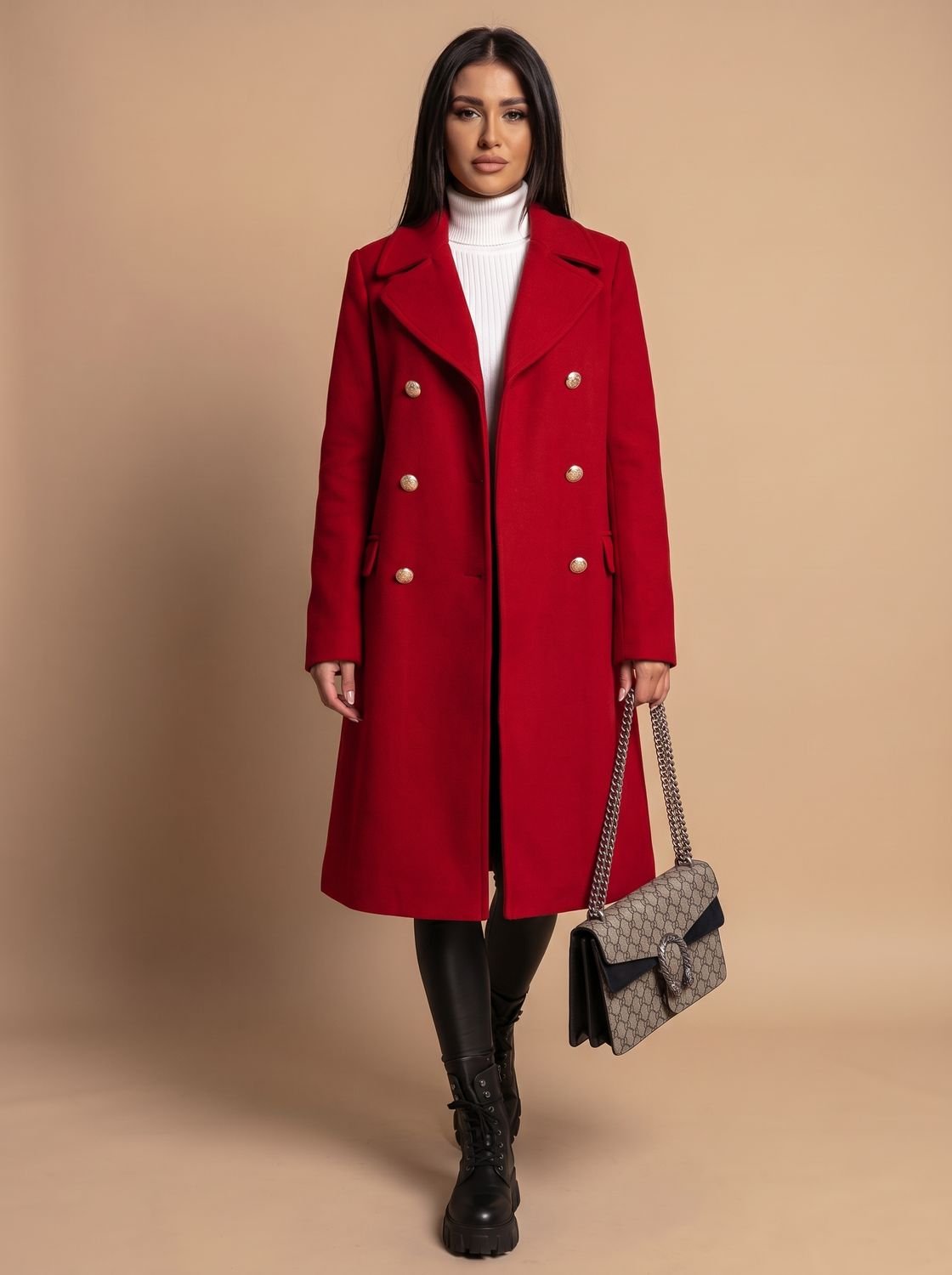 Women's Double Breasted Wool Coat Gold Button Notch Lapel - Red