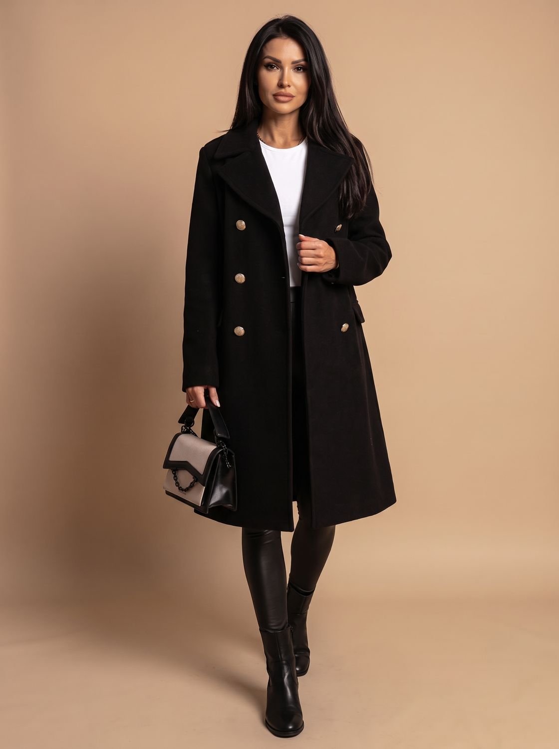 Women's Double Breasted Wool Coat Gold Button Notch Lapel