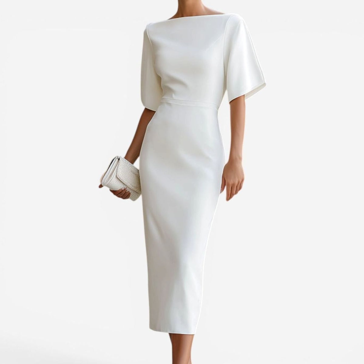 Women's Elegant Boat-Neck Midi Dress Short Sleeve - White