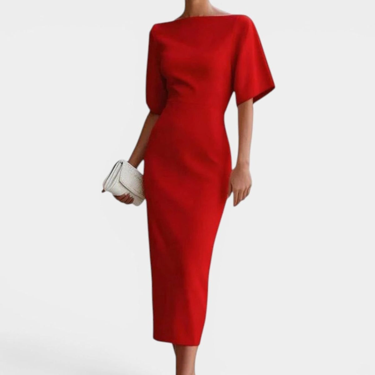 Women's Elegant Boat-Neck Midi Dress Short Sleeve - Red