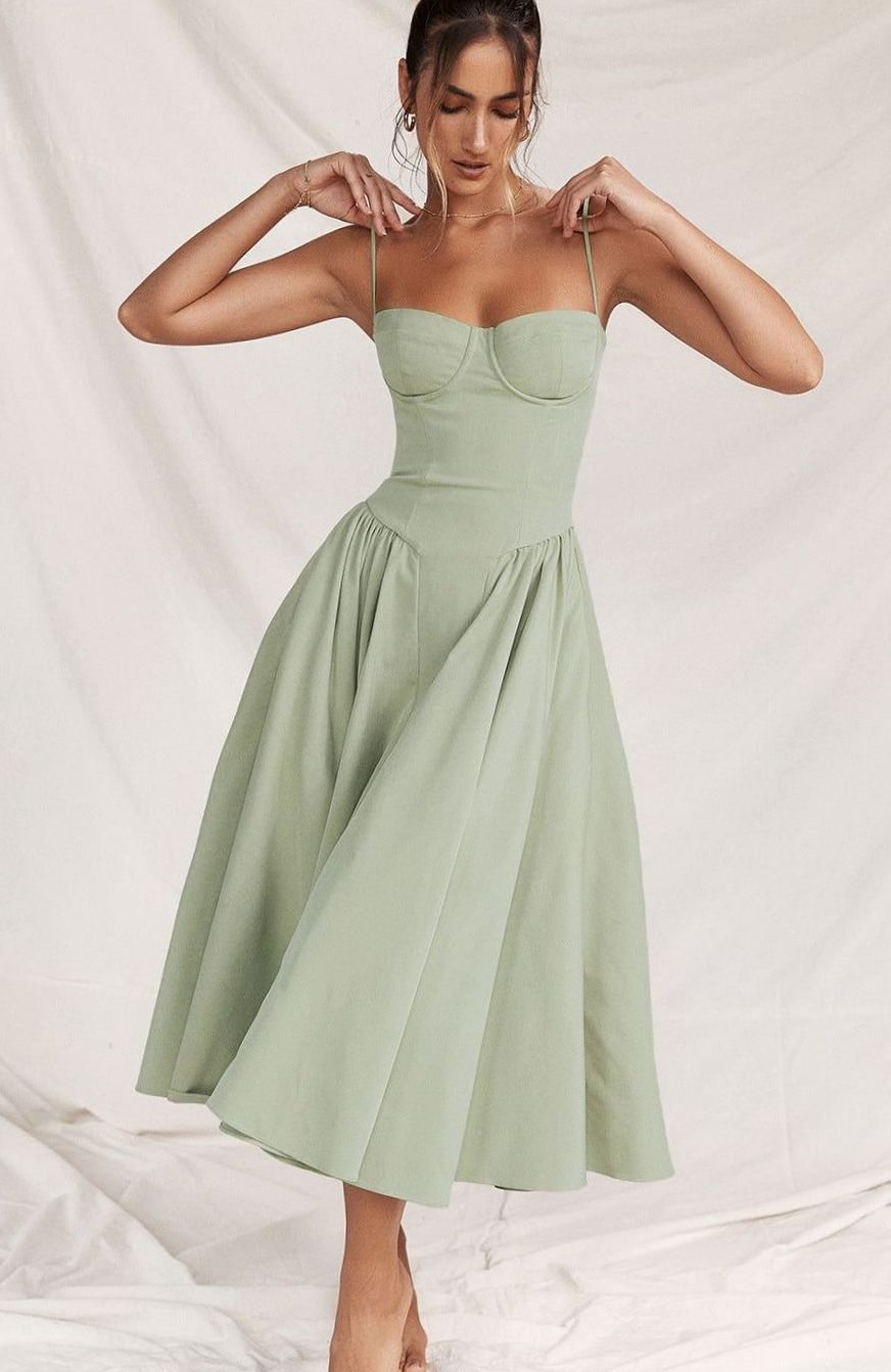 Women's Elegant Bustier Midi Dress Spaghetti Strap Fit-and-Flare - Light Green