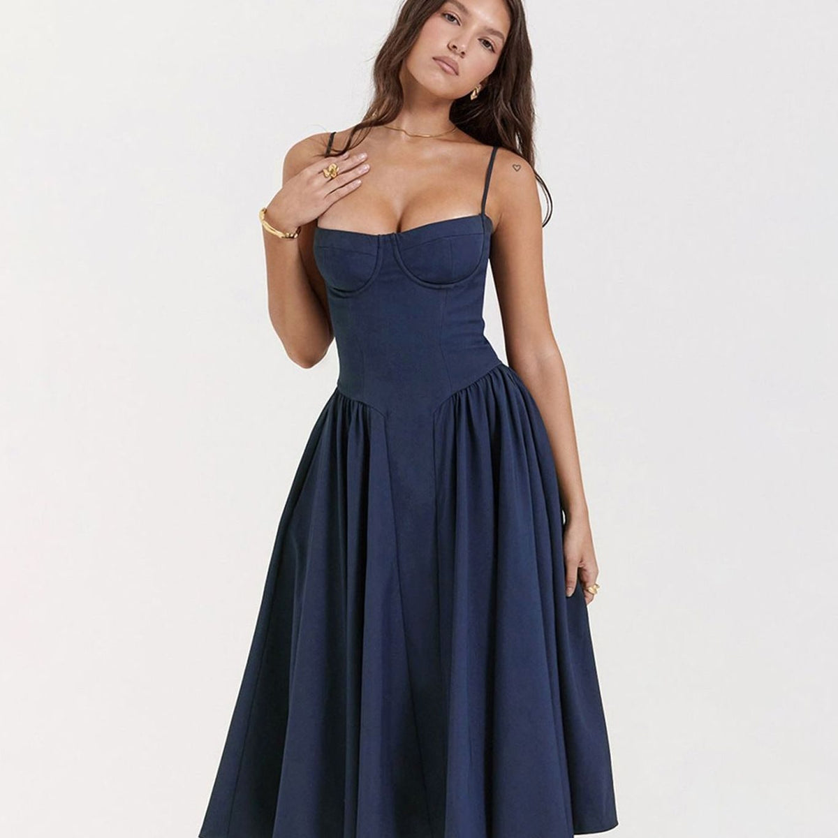 Women's Elegant Bustier Midi Dress Spaghetti Strap Fit-and-Flare - Blue