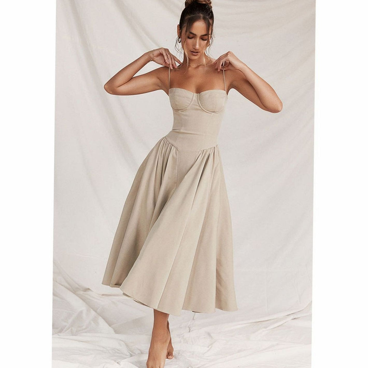 Women's Elegant Bustier Midi Dress Spaghetti Strap Fit-and-Flare - Apricot