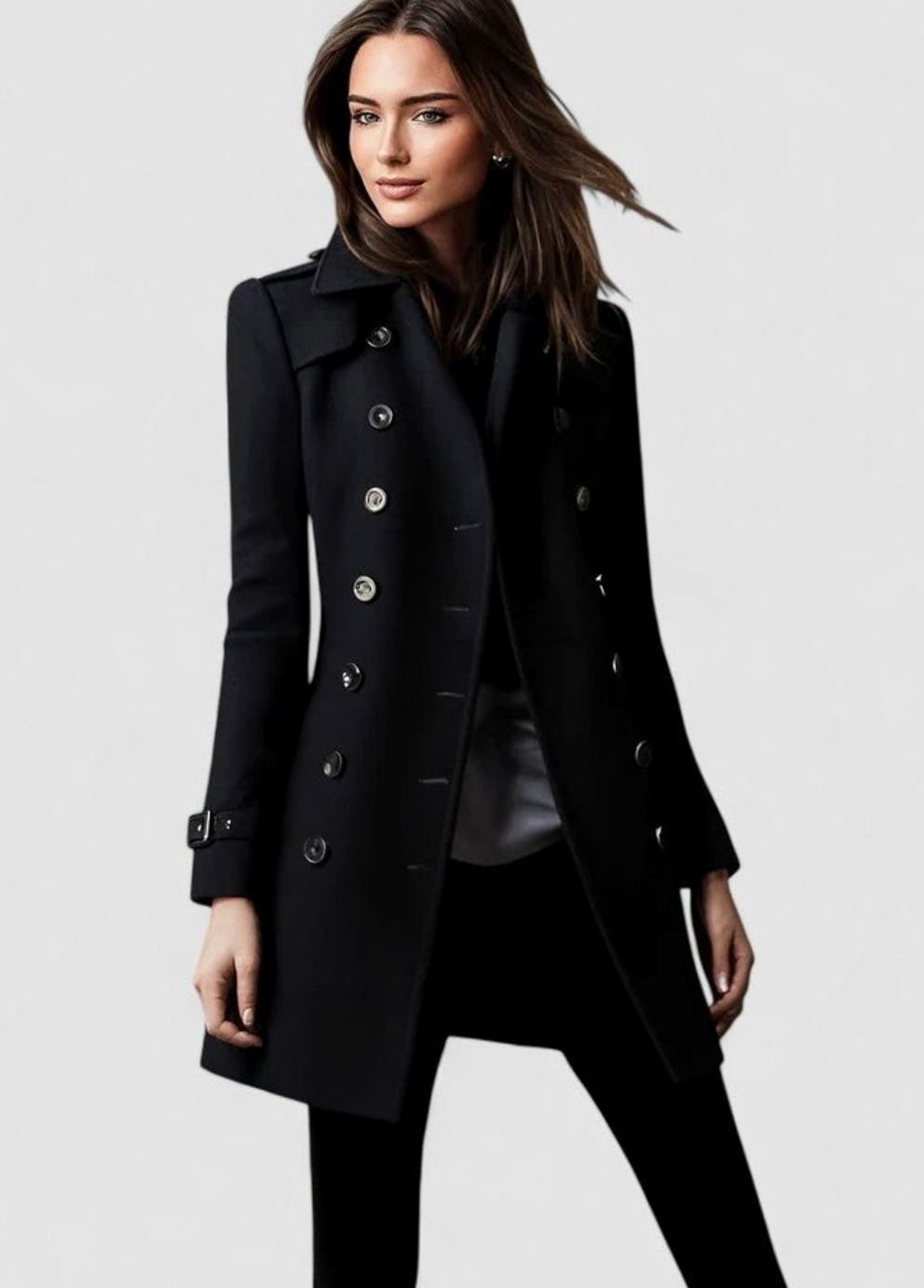Women's Elegant Double-Breasted Winter Coat - Black