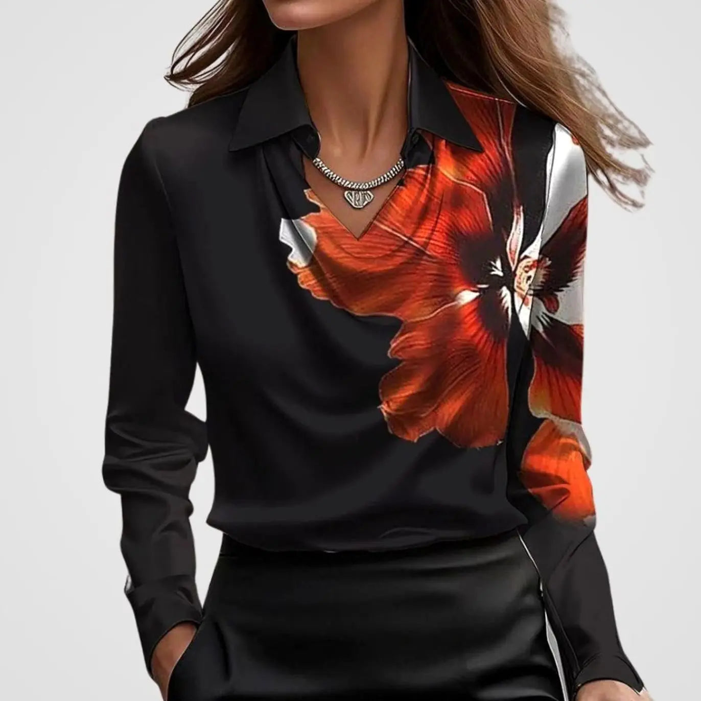 Women's Elegant Draped-Neck Long-Sleeve Satin Blouse
