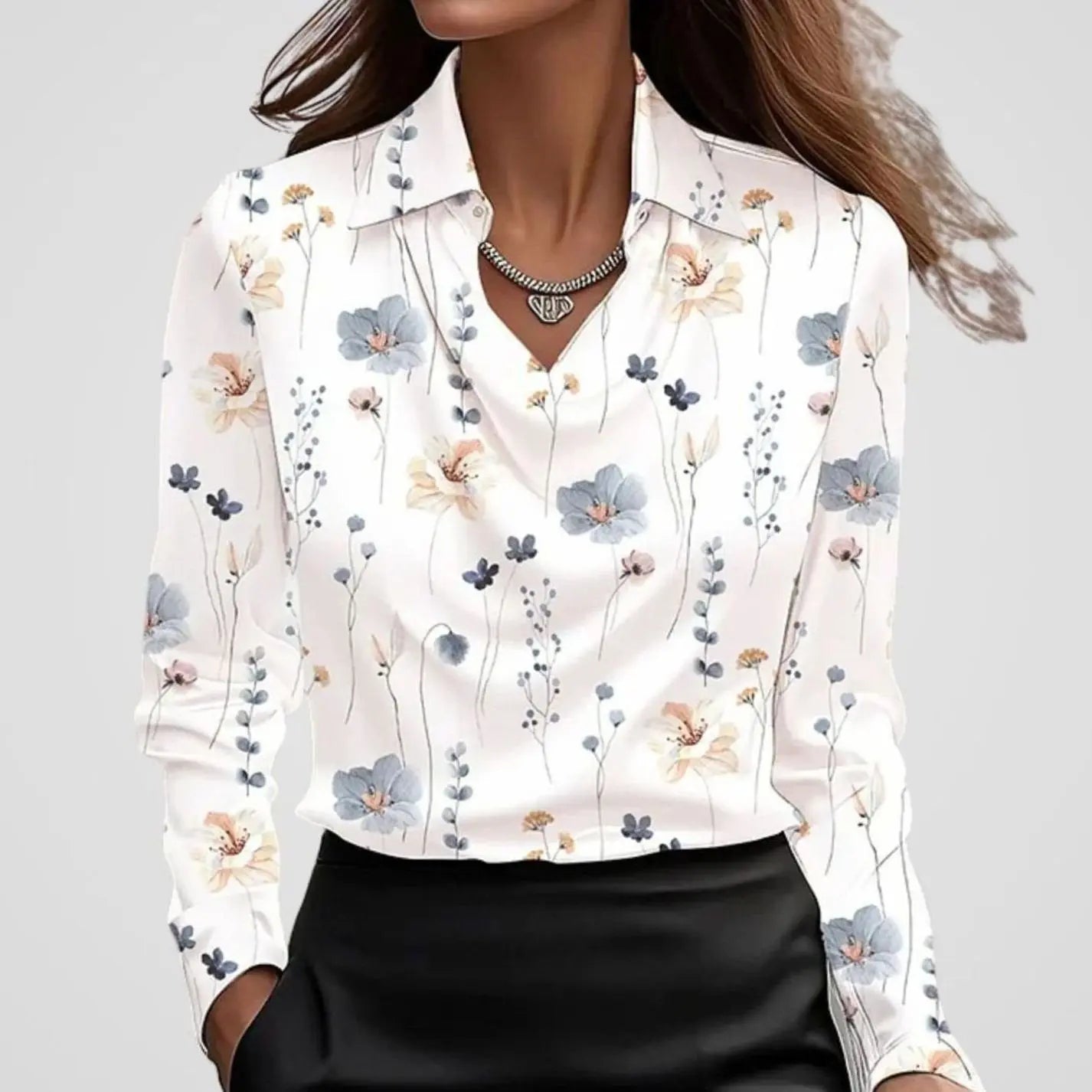 Women's Elegant Draped-Neck Long-Sleeve Satin Blouse