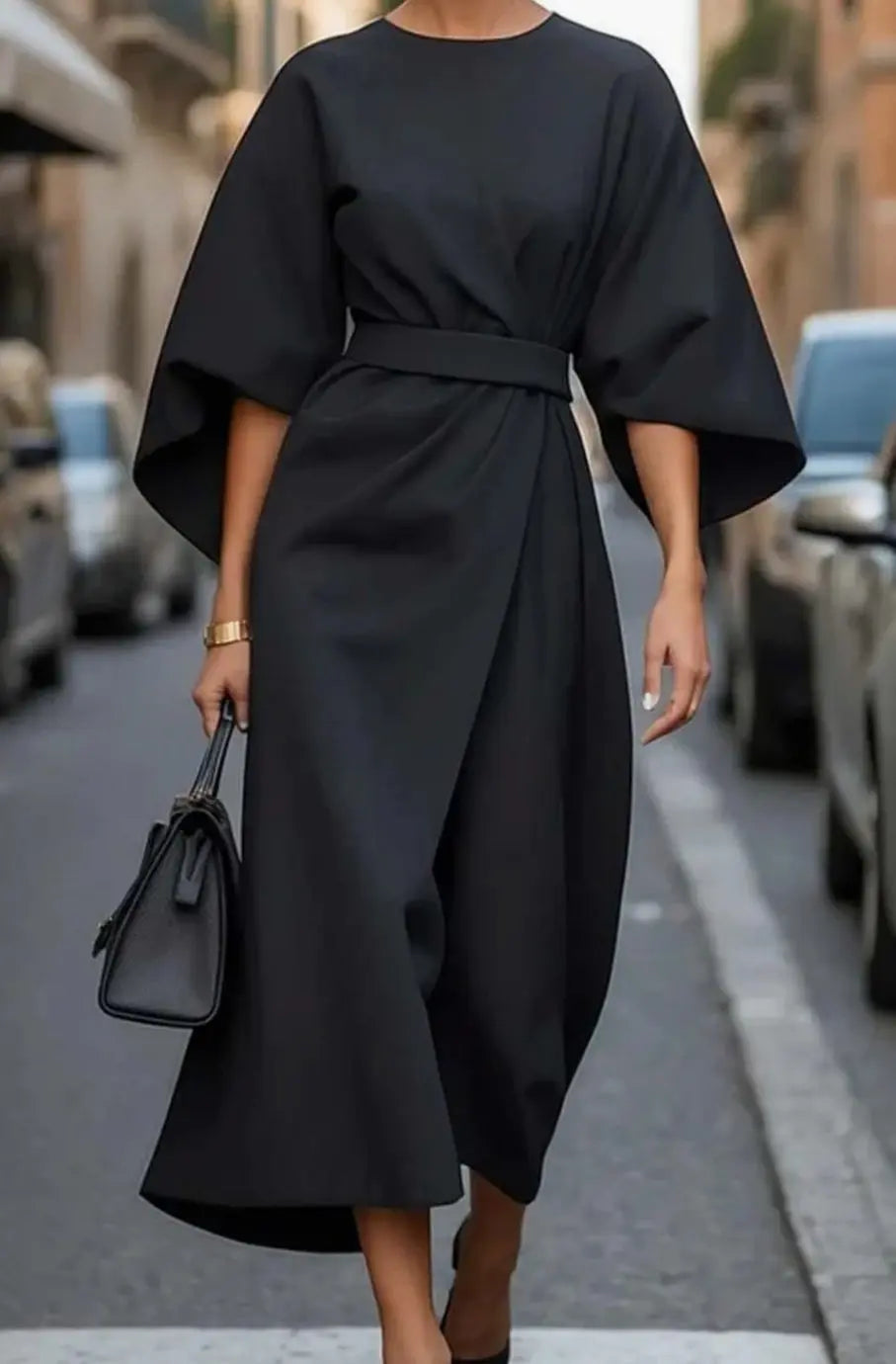 Women's Elegant Dress Belted Lantern-Sleeve Midi - Black