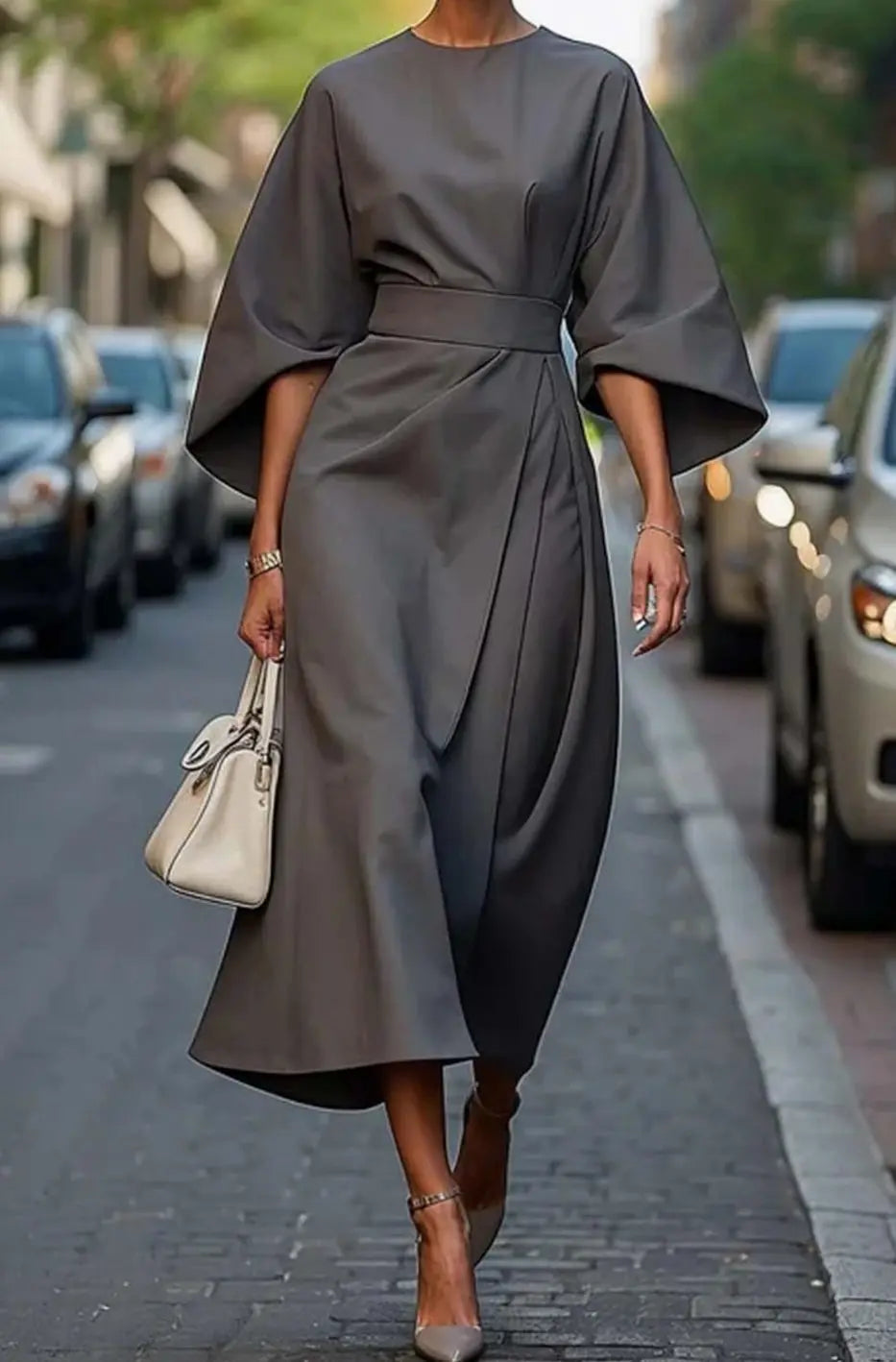 Women's Elegant Dress Belted Lantern-Sleeve Midi - Grey