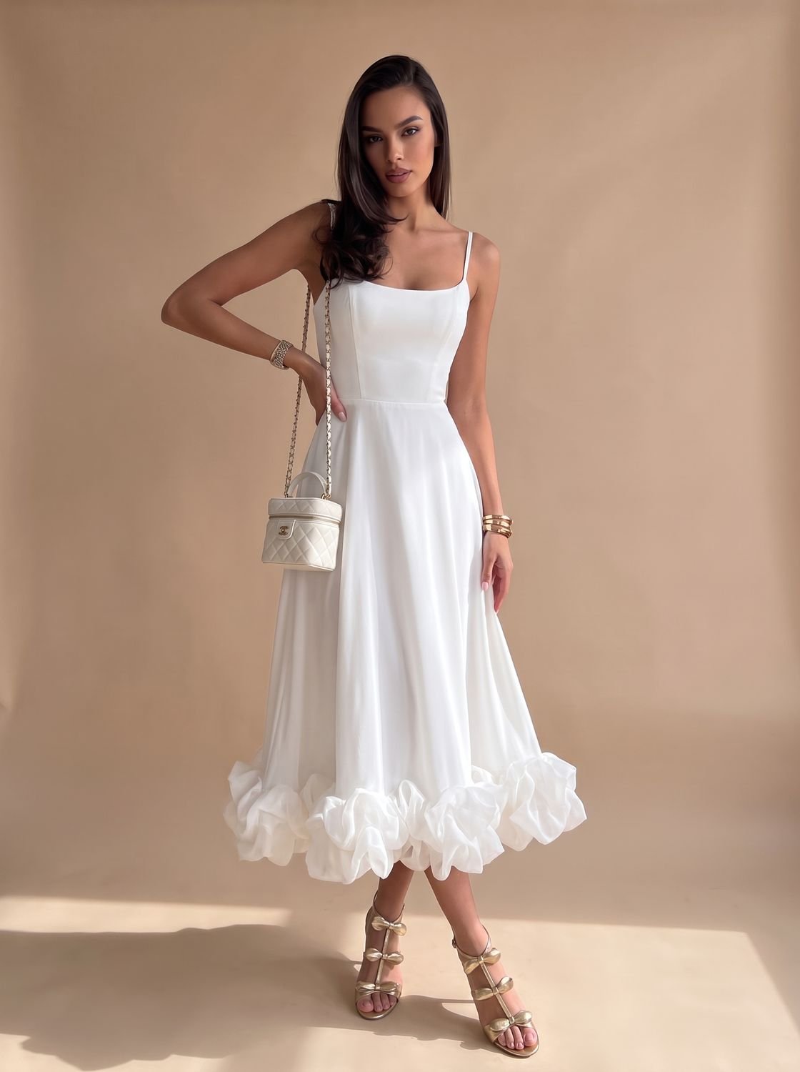 Women's Elegant Floral A-Line Bustier Midi Formal Dress - White