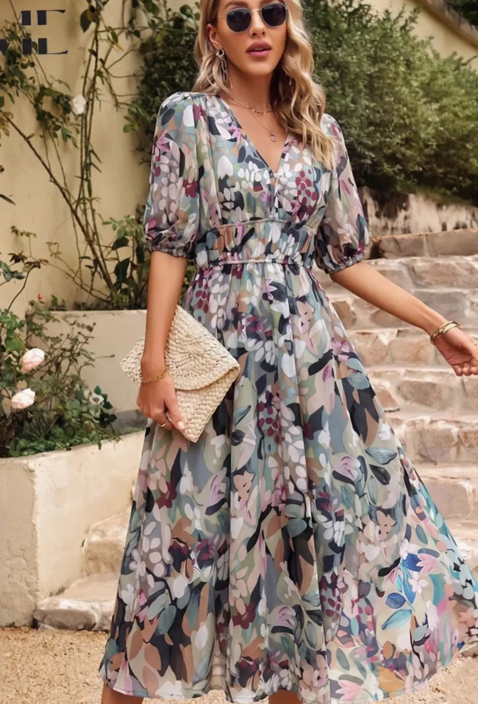 Women's Elegant Floral Midi Dress Puff Sleeve V-Neck - Floral