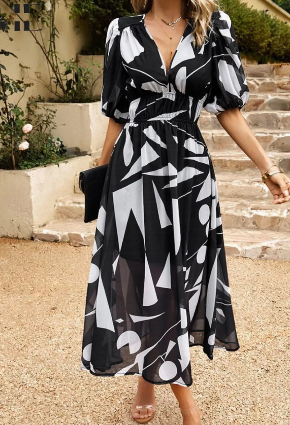Women's Elegant Floral Midi Dress Puff Sleeve V-Neck