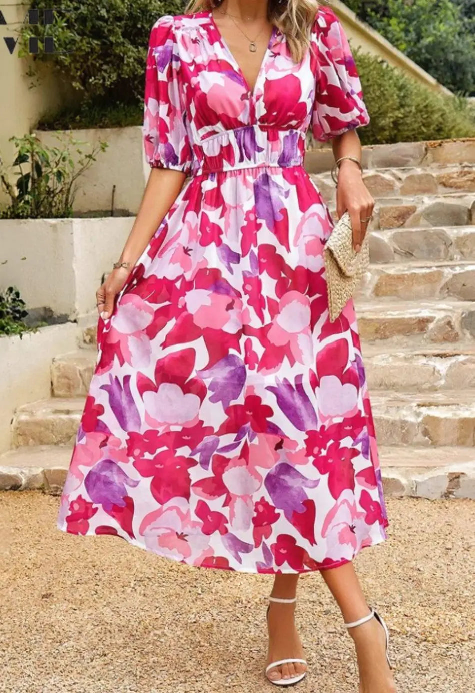 Women's Elegant Floral Midi Dress Puff Sleeve V-Neck