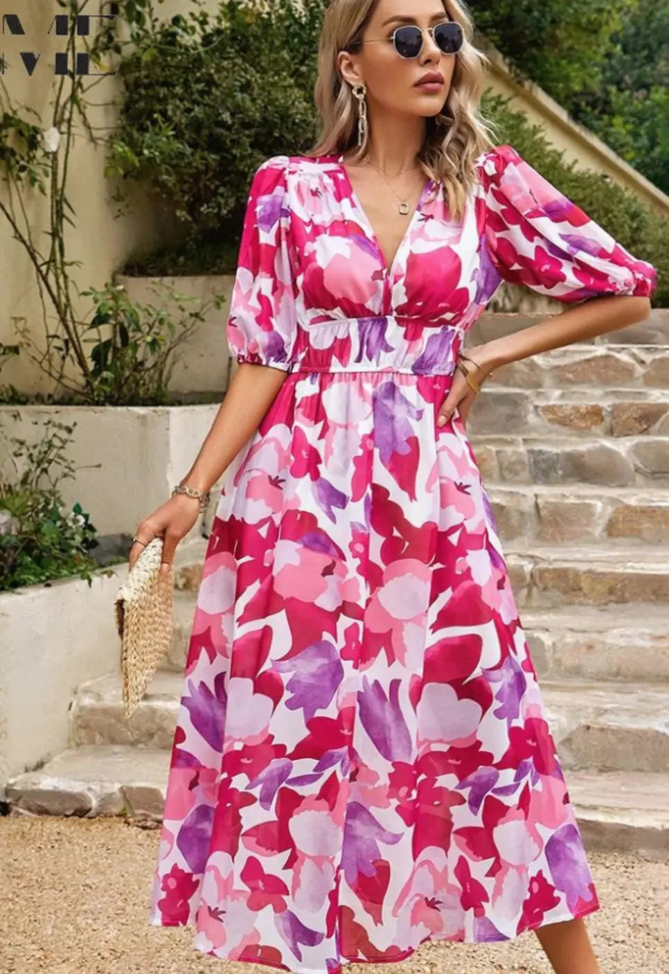 Women's Elegant Floral Midi Dress Puff Sleeve V-Neck - Pink