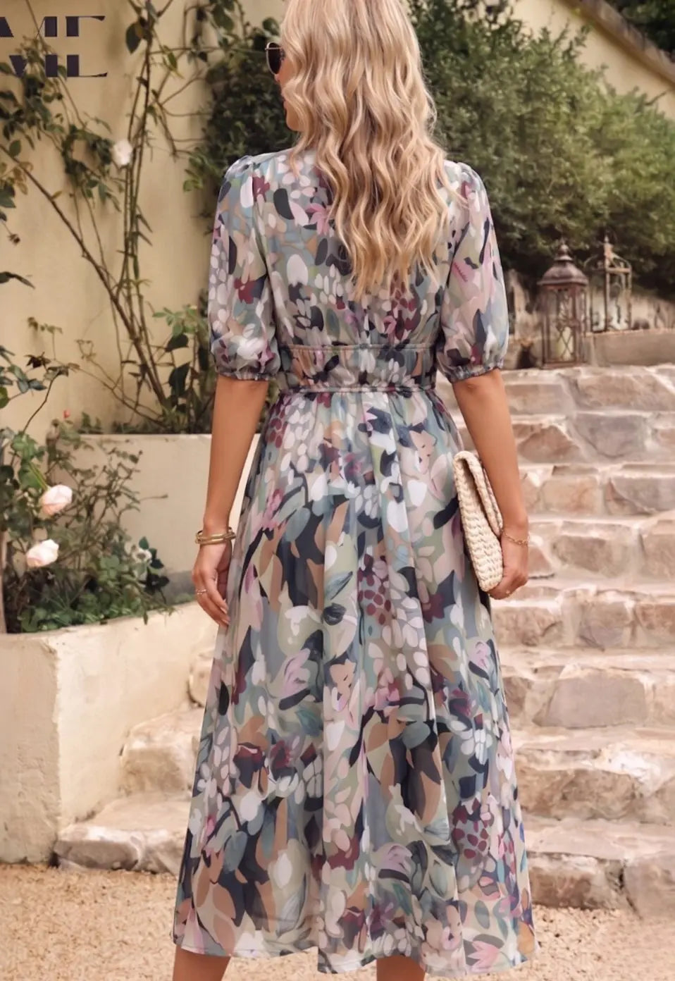 Women's Elegant Floral Midi Dress Puff Sleeve V-Neck