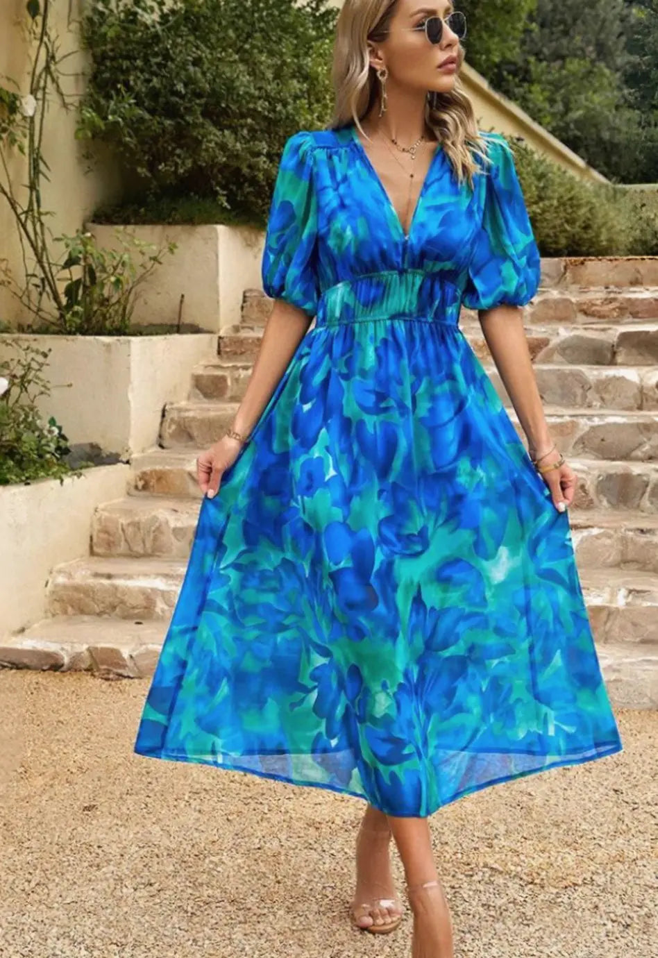 Women's Elegant Floral Midi Dress Puff Sleeve V-Neck