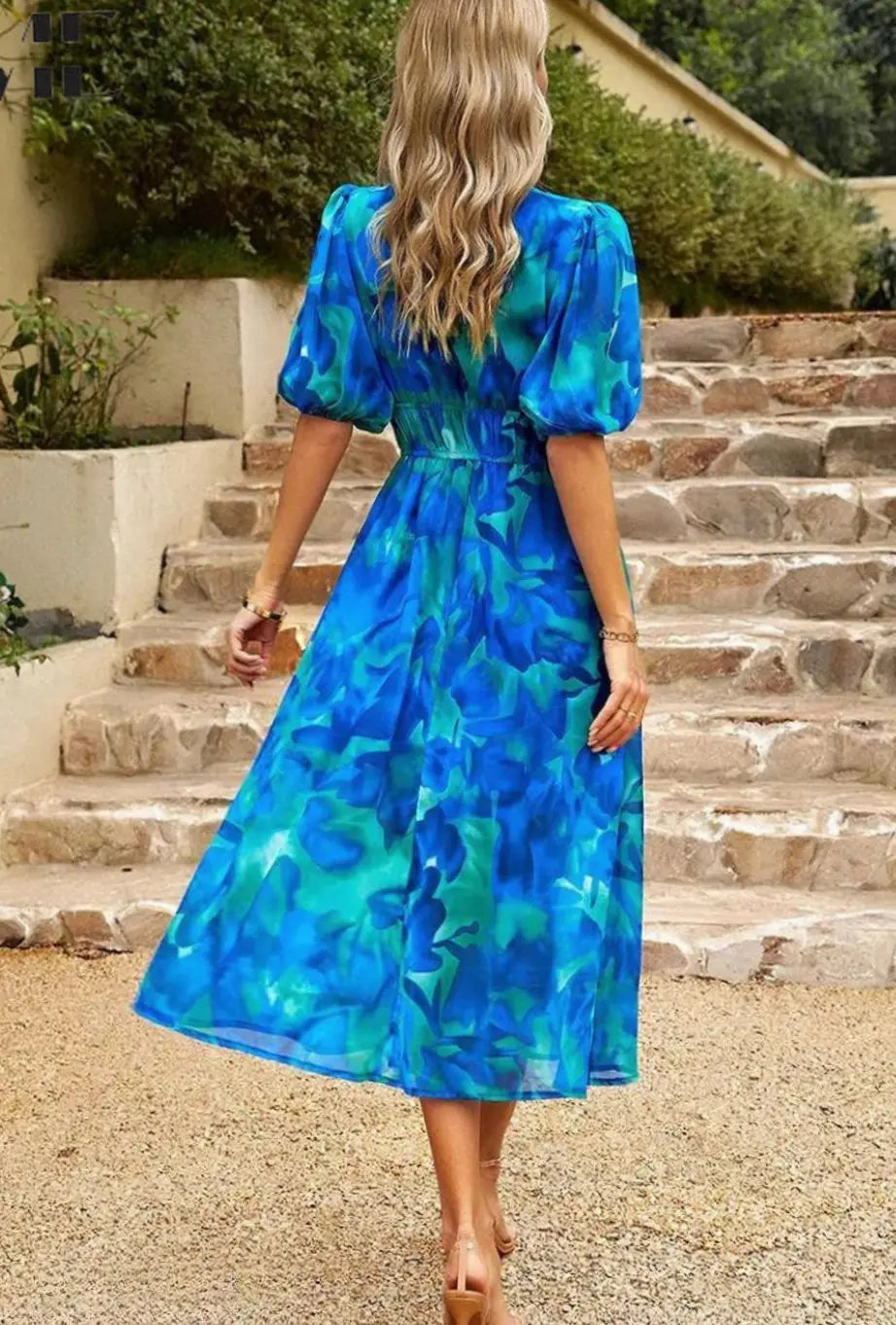 Women's Elegant Floral Midi Dress Puff Sleeve V-Neck