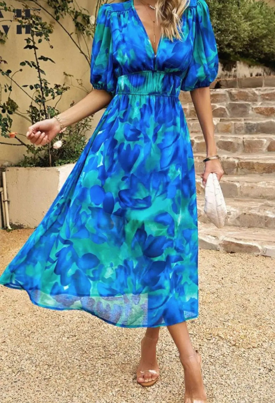 Women's Elegant Floral Midi Dress Puff Sleeve V-Neck