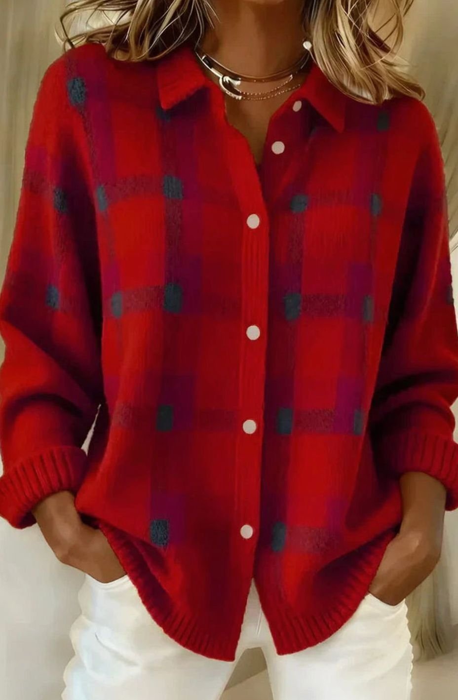 Women's Elegant Long Checked Button-Front Cardigan Sweater - Red