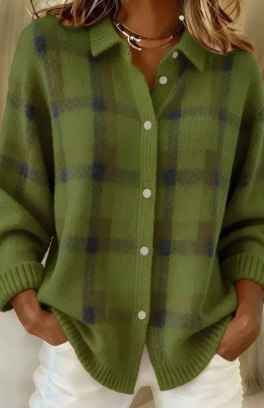 Women's Elegant Long Checked Button-Front Cardigan Sweater - Green
