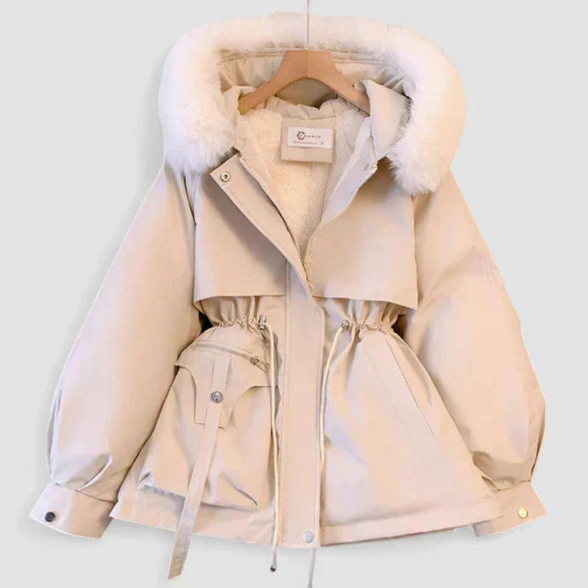 Women's Elegant Padded Winter Jacket Faux Fur Hood Drawstring Waist - White