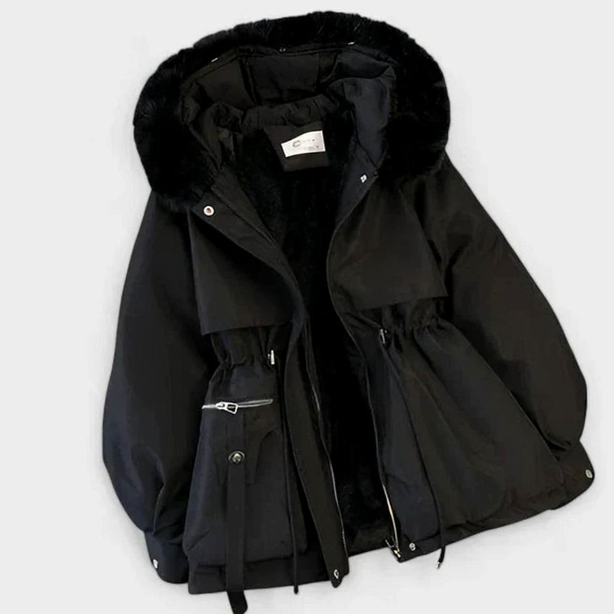 Women's Elegant Padded Winter Jacket Faux Fur Hood Drawstring Waist - Black
