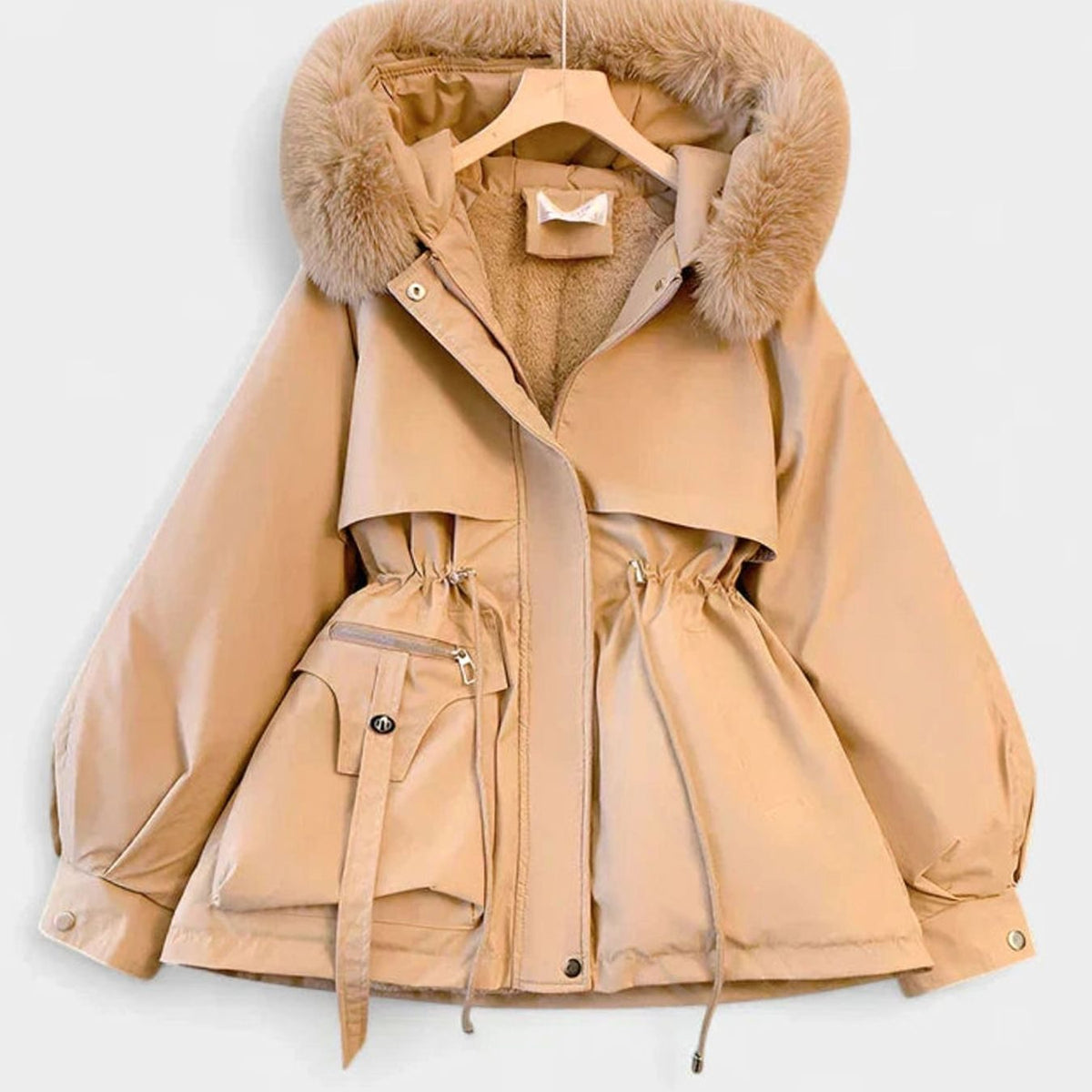 Women's Elegant Padded Winter Jacket Faux Fur Hood Drawstring Waist - Khaki