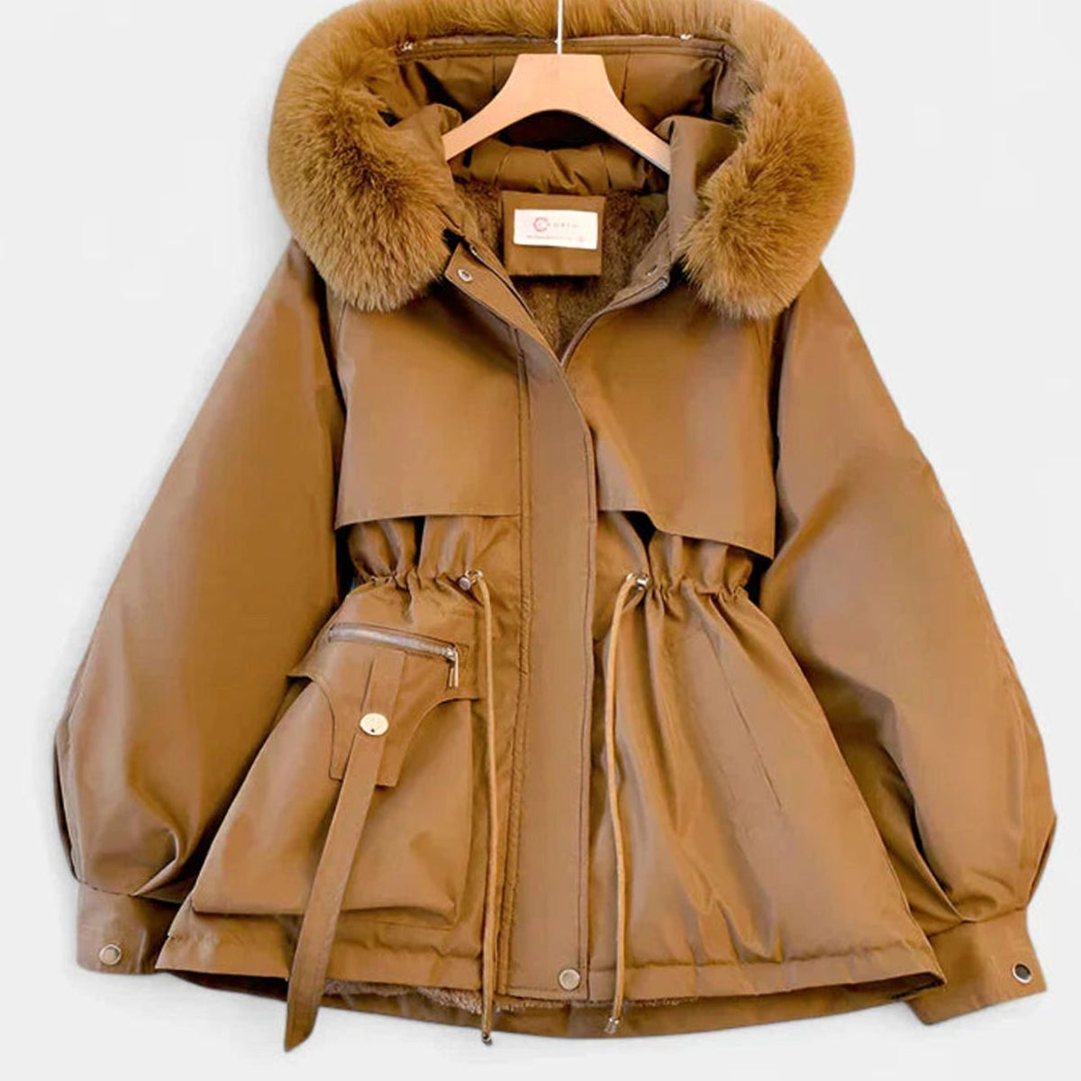 Women's Elegant Padded Winter Jacket Faux Fur Hood Drawstring Waist - Brown