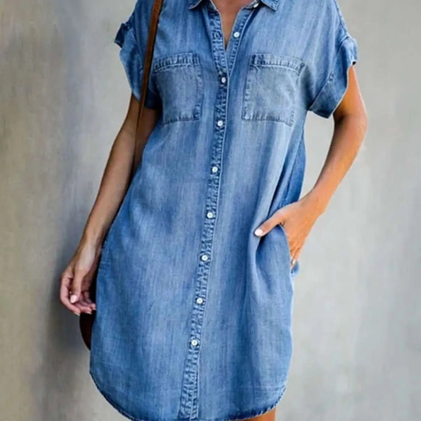 Women's Elegant Short-Sleeve Button-Down Denim Party Dress - Light Blue