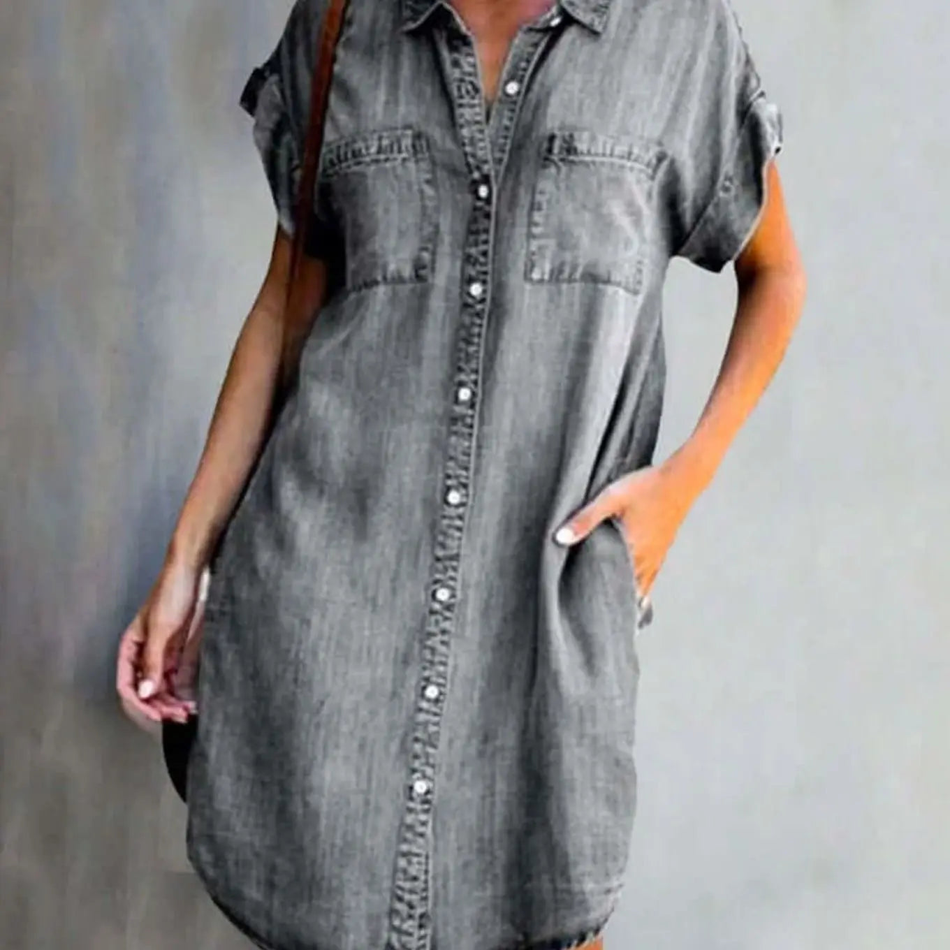 Women's Elegant Short-Sleeve Button-Down Denim Party Dress - Gray