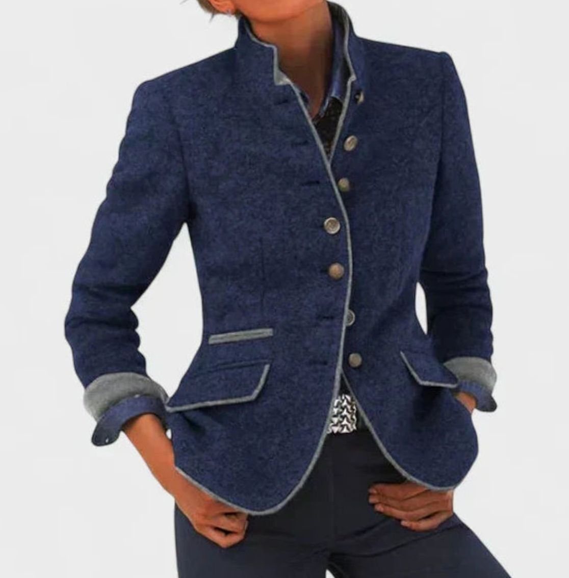 Women's Elegant Stand-Collar Button-Up Blazer Cardigan - Blue
