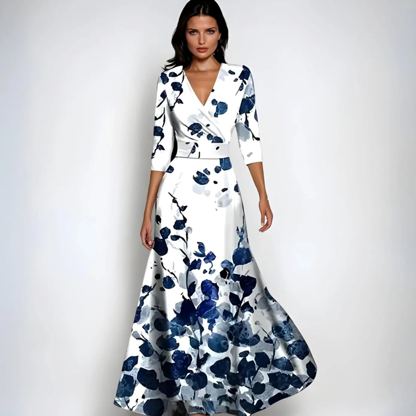 Women's Elegant V-Neck Wrap Maxi Floral Dress 3/4 Sleeve