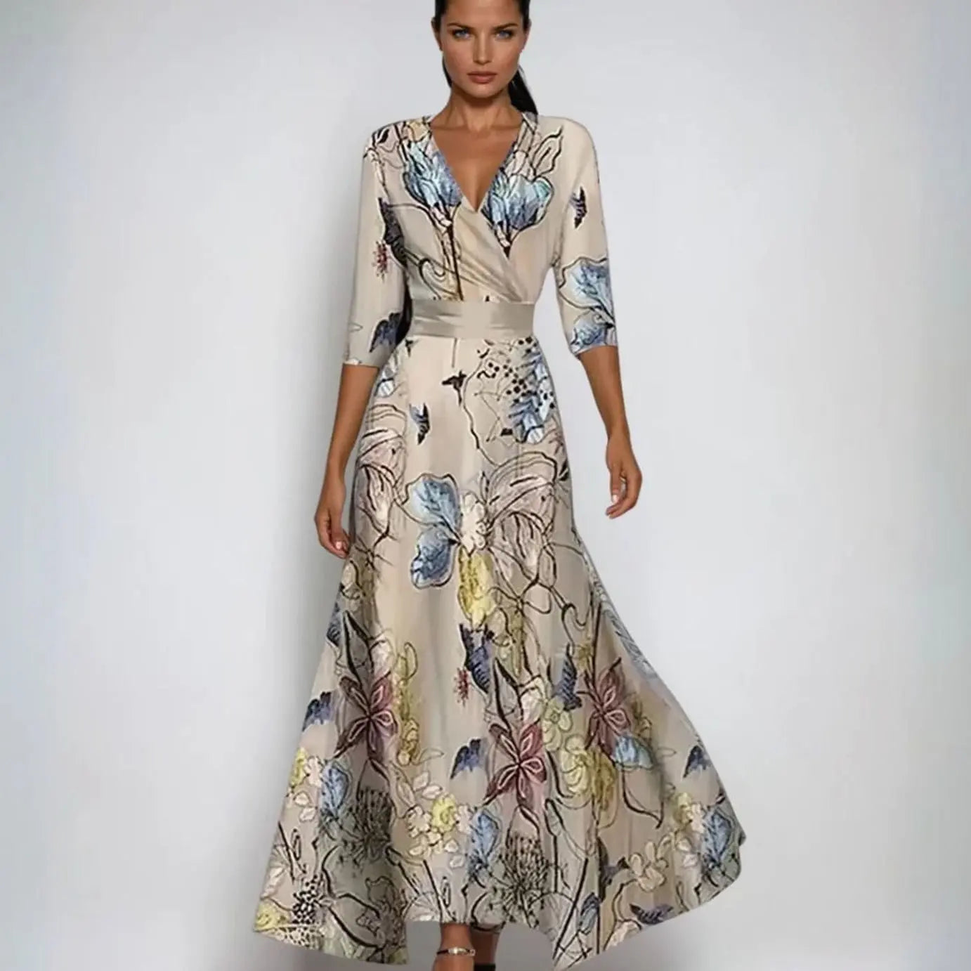 Women's Elegant V-Neck Wrap Maxi Floral Dress 3/4 Sleeve