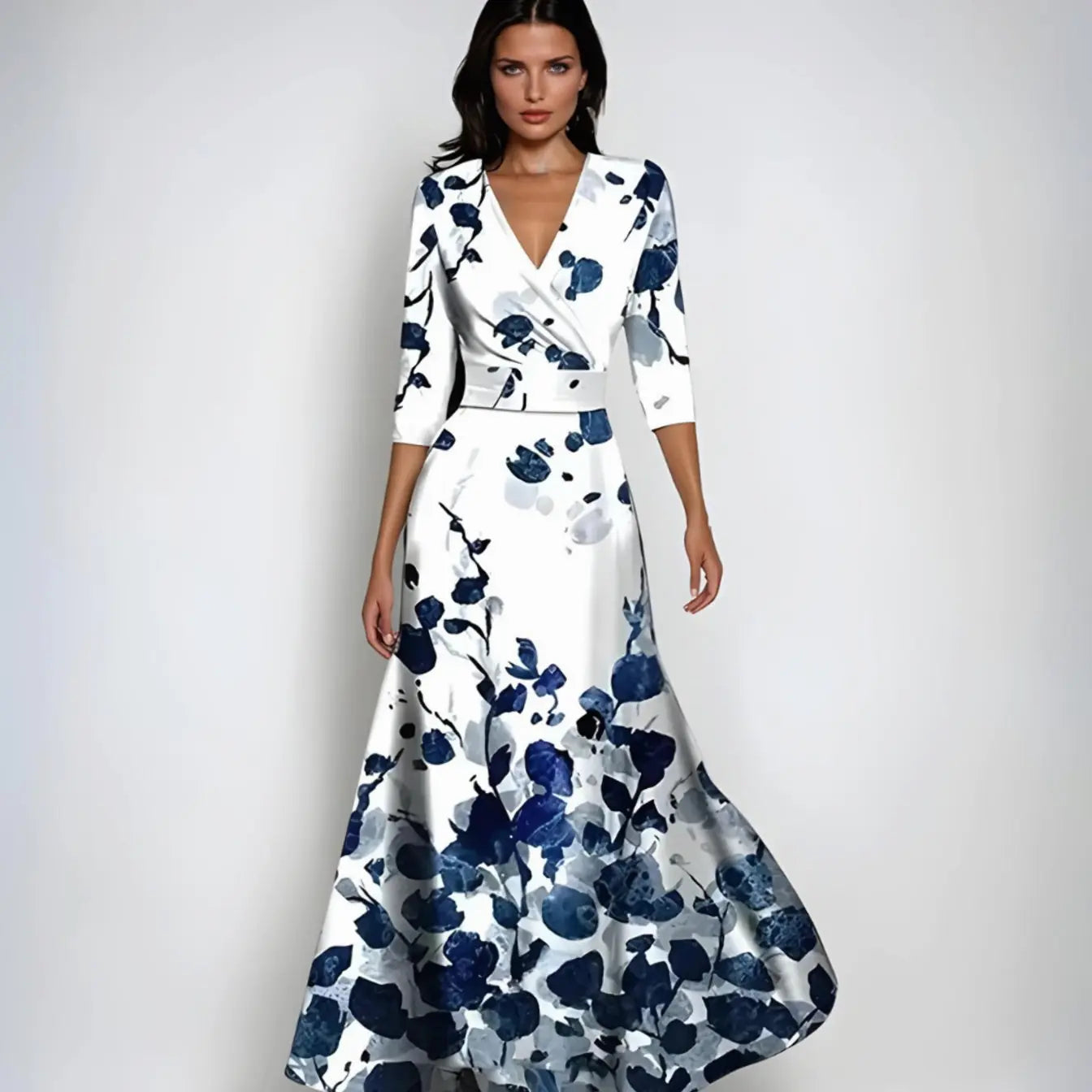 Women's Elegant V-Neck Wrap Maxi Floral Dress 3/4 Sleeve - White/Blue
