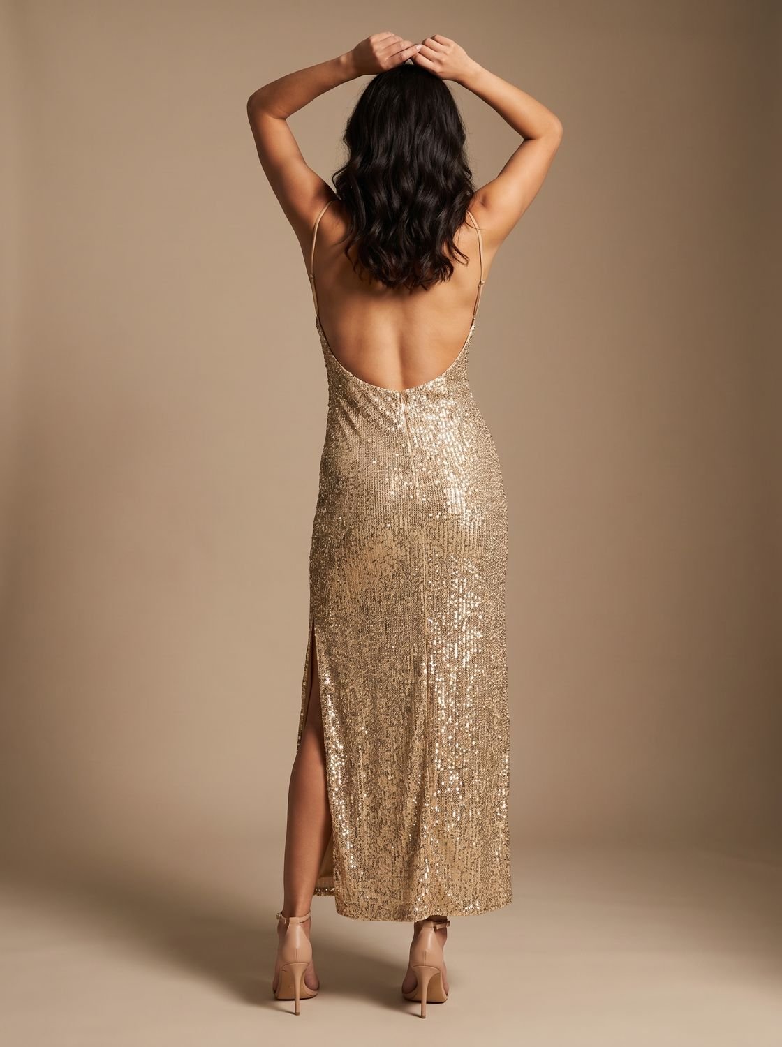 Women's Embellished Backless Sequin Maxi Christmas Party Dress