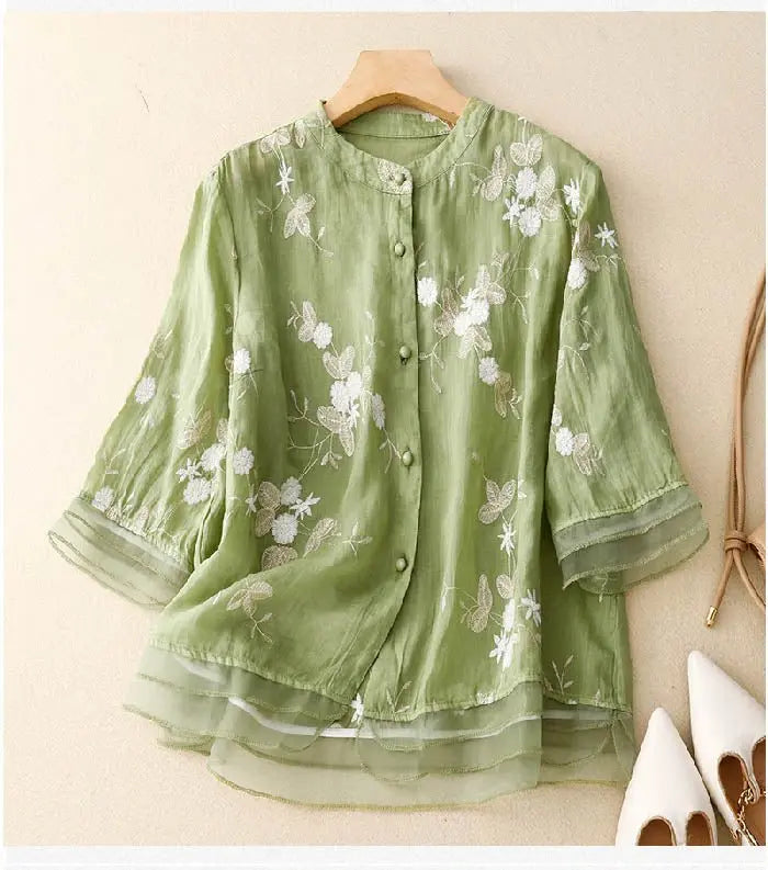 Women's Embroidered Blouse Cotton Button-Up Floral - Green