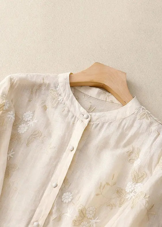 Women's Embroidered Blouse Cotton Button-Up Floral