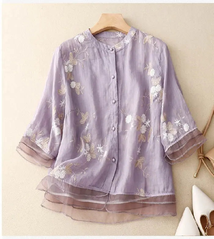 Women's Embroidered Blouse Cotton Button-Up Floral - Purple