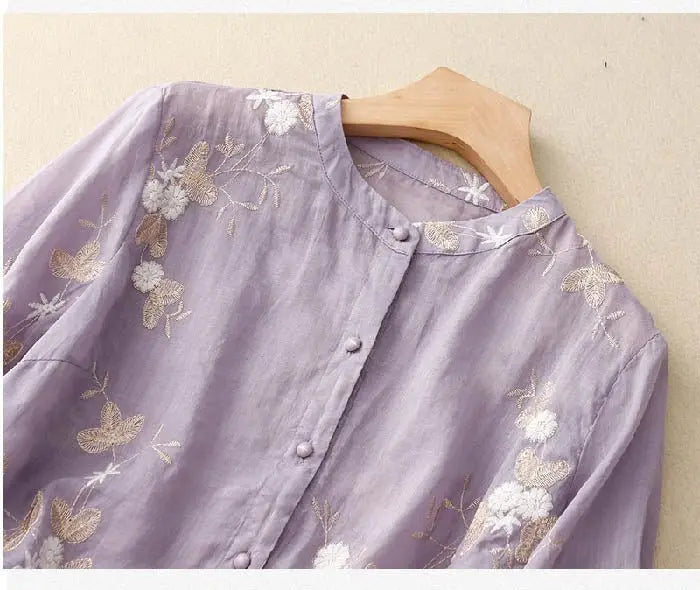 Women's Embroidered Blouse Cotton Button-Up Floral