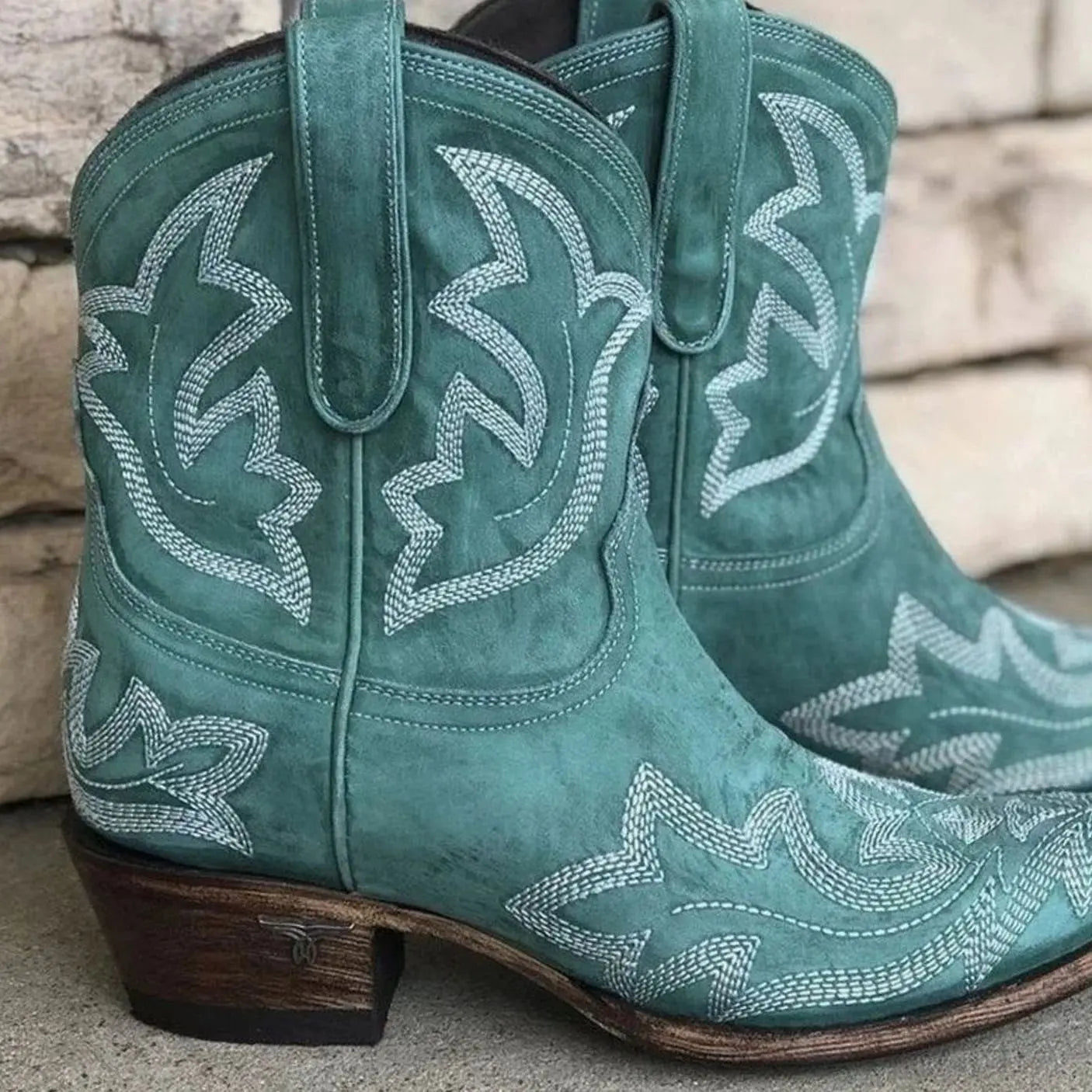 Women's Embroidered Western Cowboy Ankle Boots Block Heel - Green