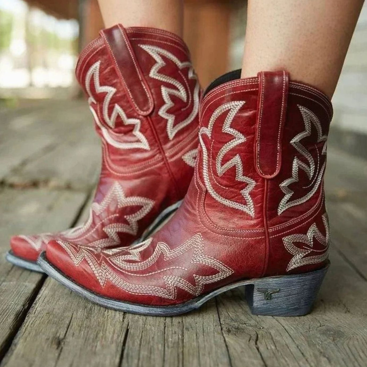 Women's Embroidered Western Cowboy Ankle Boots Block Heel, Brown - Red