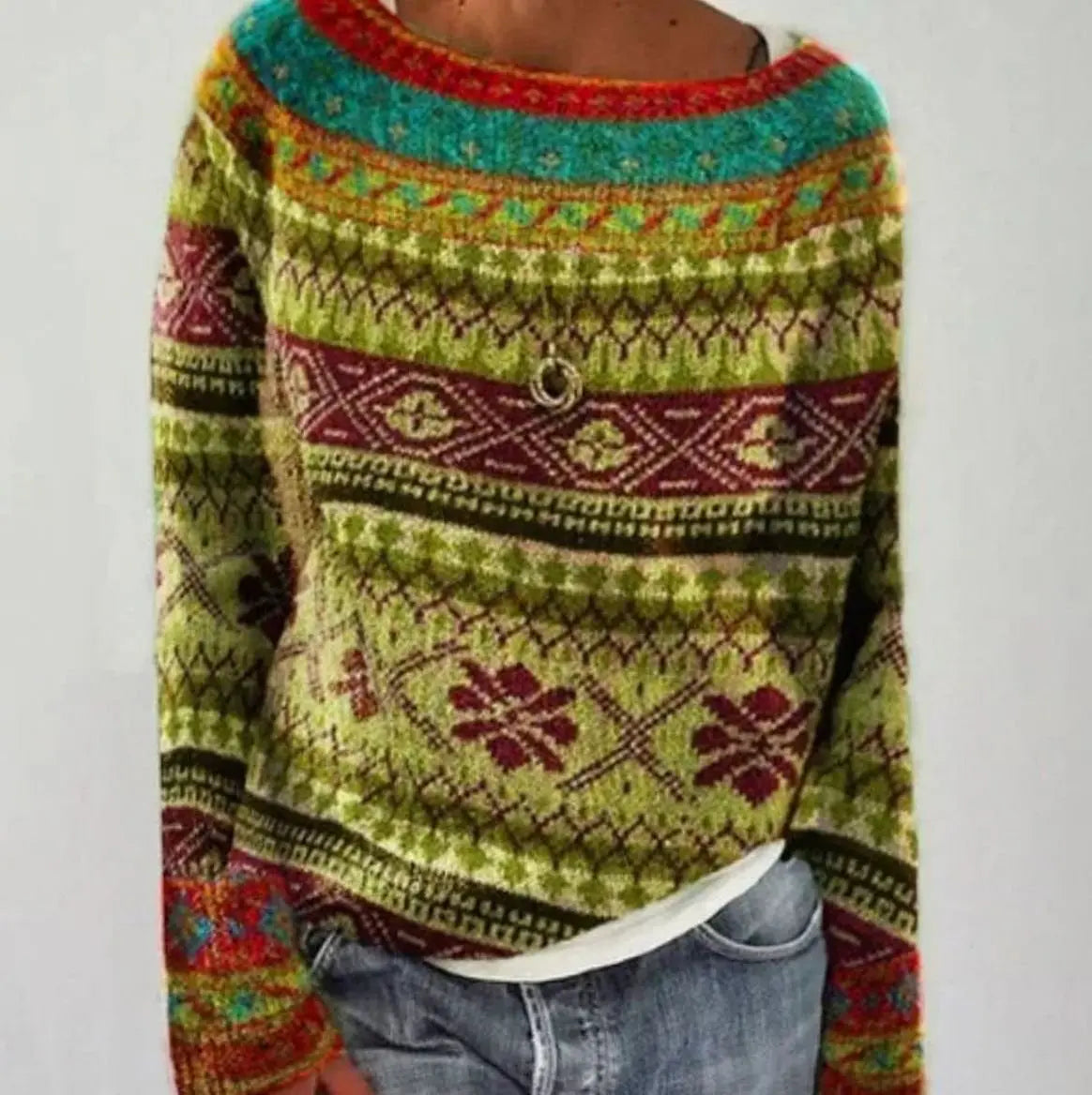 Women's Fair Isle Crew Neck Long Sleeve Knit Sweater - Yellow Green