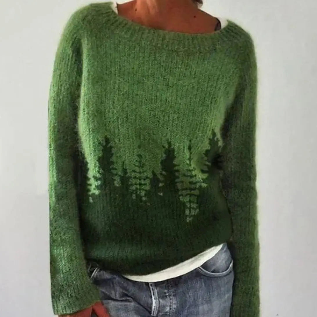 Women's Fair Isle Crew Neck Long Sleeve Knit Sweater - Green Silhouette