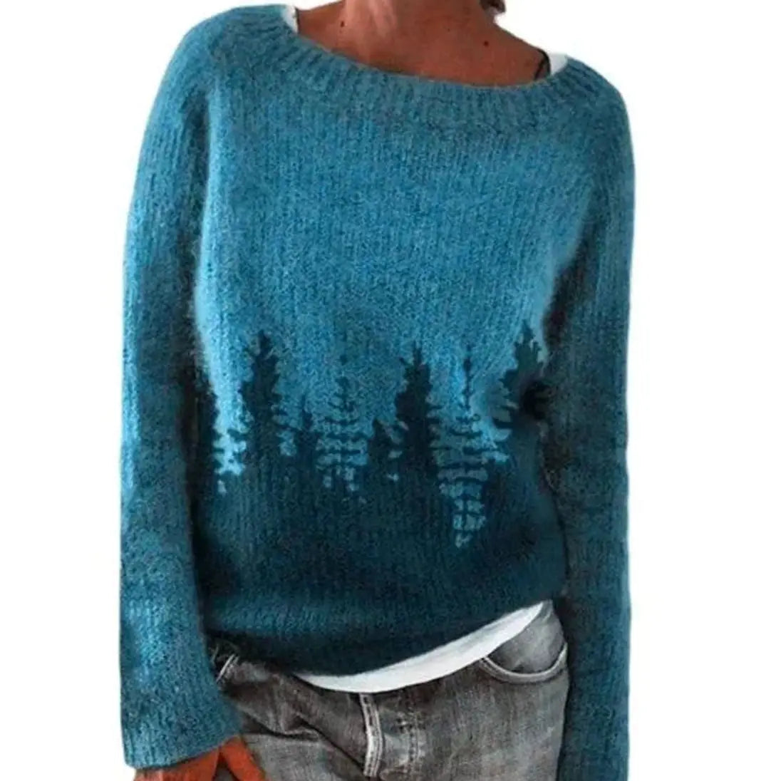 Women's Fair Isle Crew Neck Long Sleeve Knit Sweater - Blue Silhouette