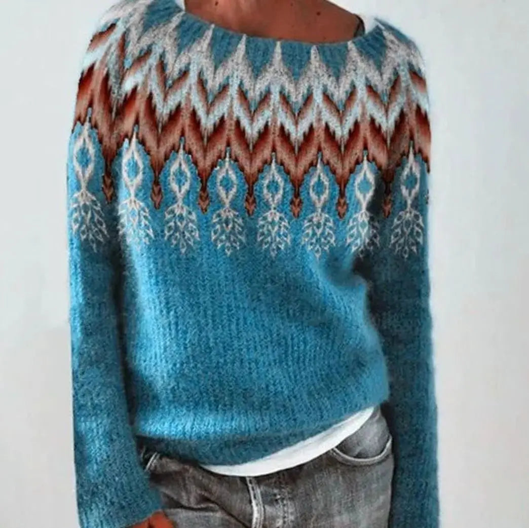 Women's Fair Isle Crew Neck Long Sleeve Knit Sweater - Blue Feather