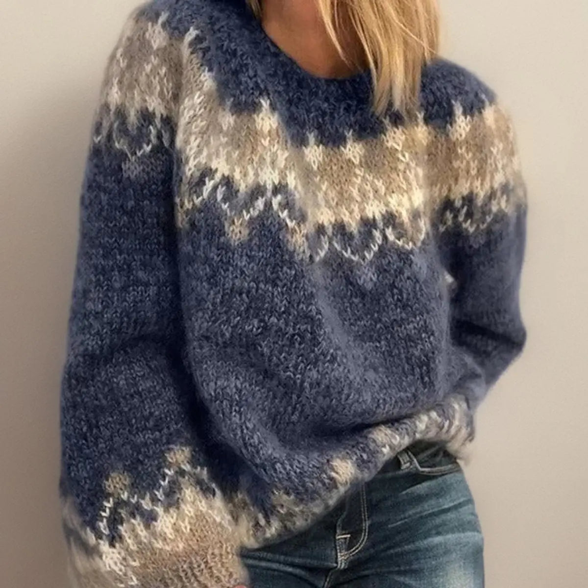 Women's Fair Isle Jacquard Knit Sweater Cosy Nordic Jumper - Blue